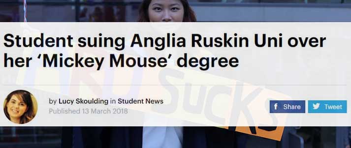 2018 news headline about student suing Anglia Ruskin Uni