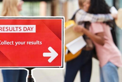 Results day sign and students getting results