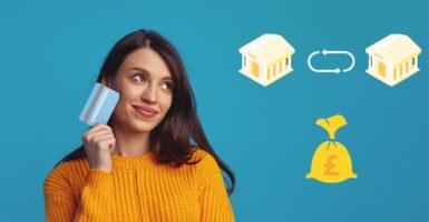 Women holding bank card with bank icons and money bag