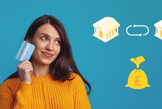 Women holding bank card with bank icons and money bag