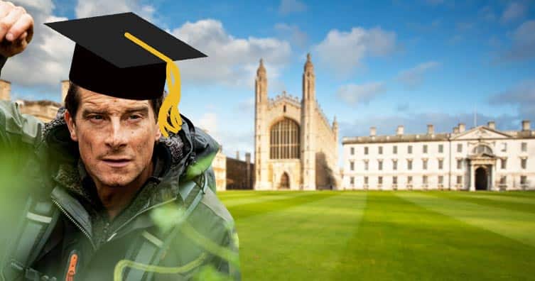 bear grylls wearing mortarboard in front of university