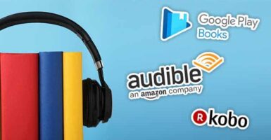 headphones on books next to audiobook logos