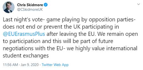 Chris Skidmore tweet on erasmus