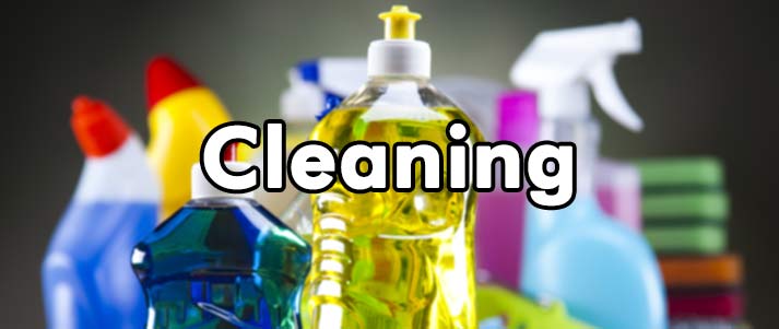 The word 'cleaning' written over a picture of washing up liquid bottles
