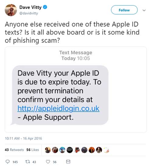 tweet about smishing scam