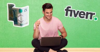 Man smiling at laptop with Fiverr logo and 5 pound note