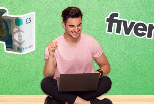 Man smiling at laptop with Fiverr logo and 5 pound note