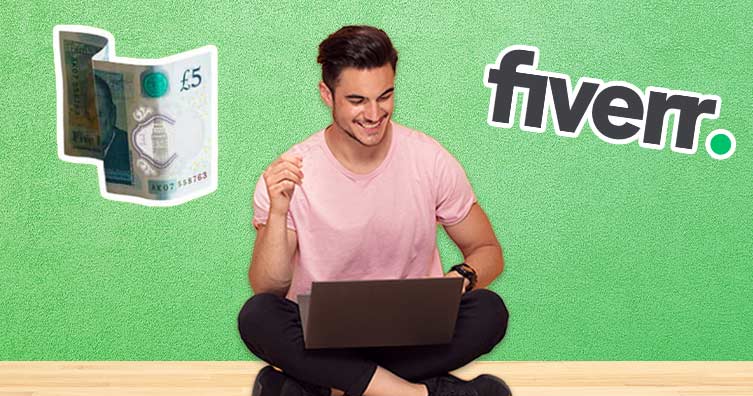 Man smiling at laptop with Fiverr logo and 5 pound note