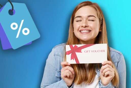 Woman holding gift card with discount sign