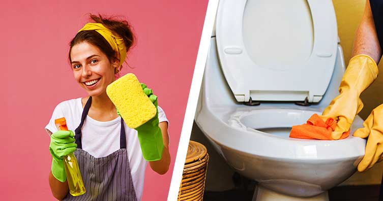 woman holding cleaning products and person cleaning toilet