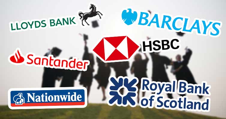 bank account logos in front of graduates