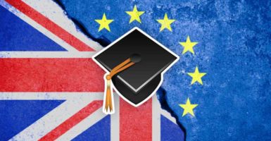 graduate cap over eu flag and union jack