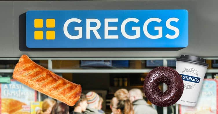 greggs bakery with sausage roll, doughnut and coffee