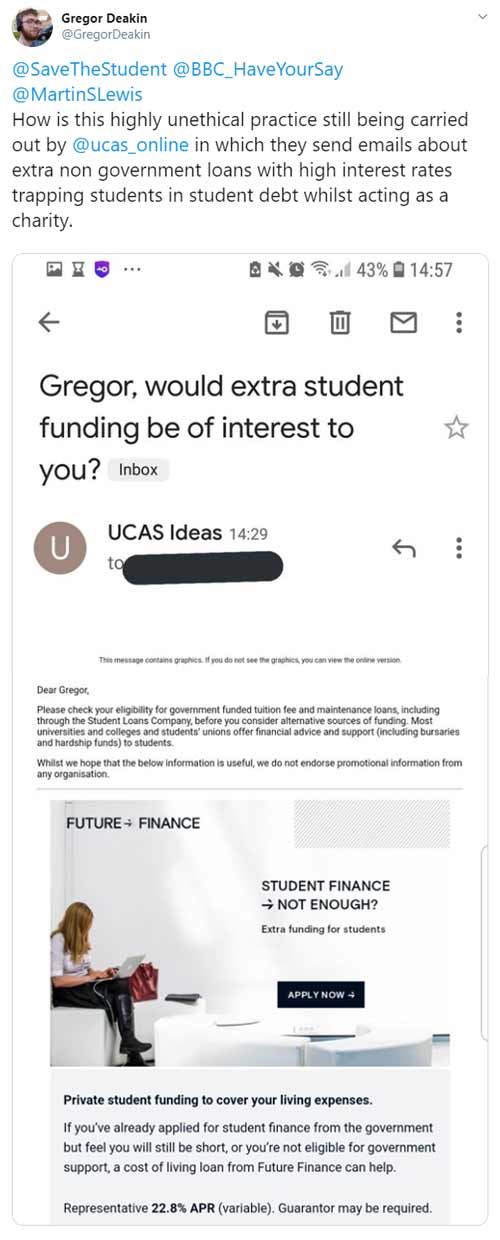 tweet about ucas and future finance