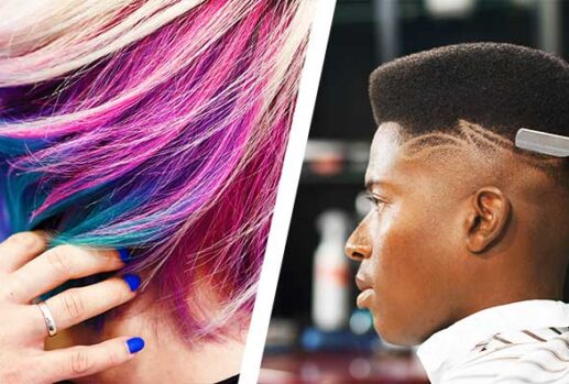 Hairdresser haircut pink blue hair shave trim