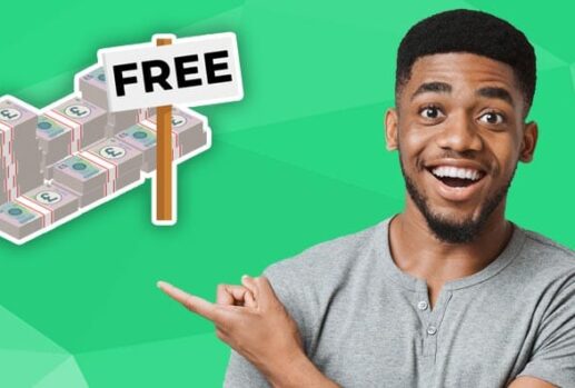 happy man pointing at pile of free money