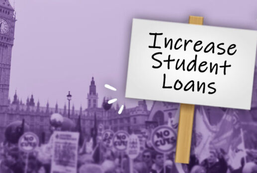 placard saying "increase student loans" in front of protest