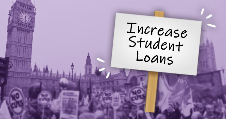 placard saying "increase student loans" in front of protest