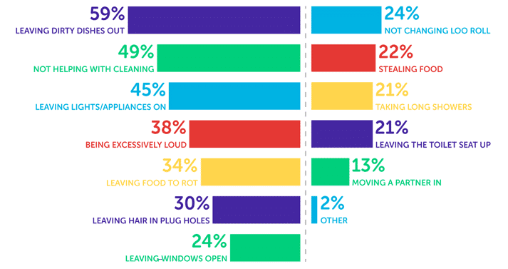 Infographic showing leaving dirty dishes out 59%, not helping with cleaning 49%, leaving lights/appliances on 45%, being excessively loud 38%, leaving food to rot 34%, leaving hair in plug holes 30%, leaving windows open 24%, not changing loo roll 24%, stealing food 22%, taking long showers 21%, leaving the toilet seat up 21%, moving a partner in 13%, other 2%