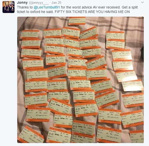 Tweet with a picture of lots of train tickets