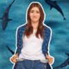 Unhappy student with empty pockets and sharks circling in the background