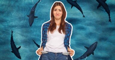 Unhappy student with empty pockets and sharks circling in the background