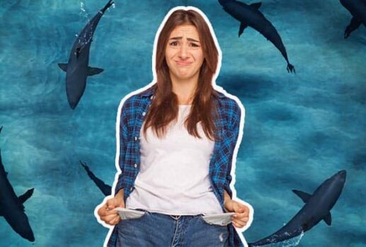 Unhappy student with empty pockets and sharks circling in the background