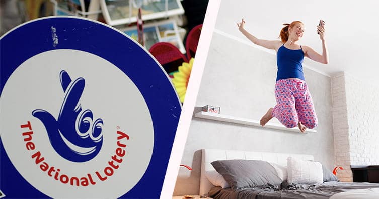lottery logo and woman jumping on bed
