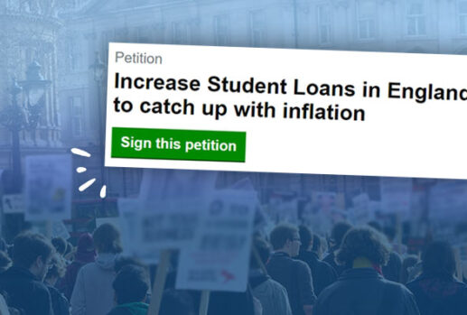 screenshot of petition to increase student loans, over a picture of people protesting