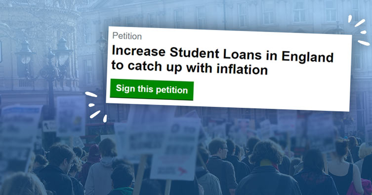 screenshot of petition to increase student loans, over a picture of people protesting