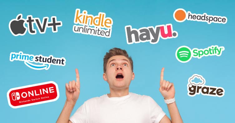 man surrounded by company logos