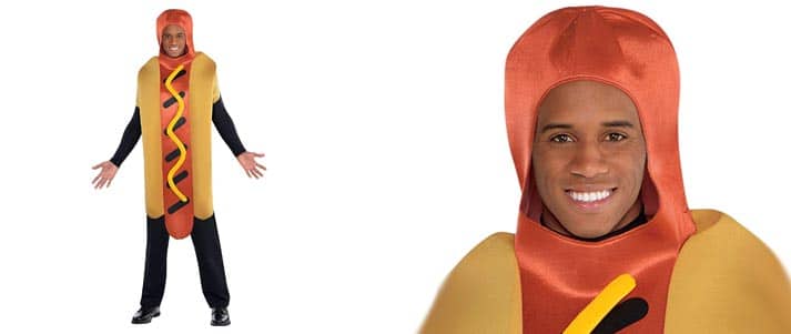 man wearing hotdog costume