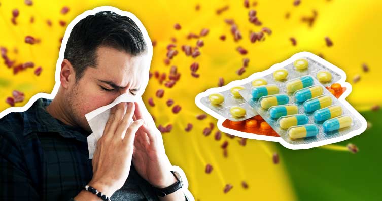 sneezing man next to hayfever pills