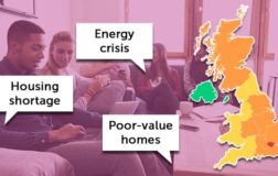 Students, UK map and speech bubbles