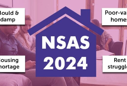 NSAS 2024 with text 'mould & damp', 'housing shortage', 'poor-value homes' and 'rent struggles'