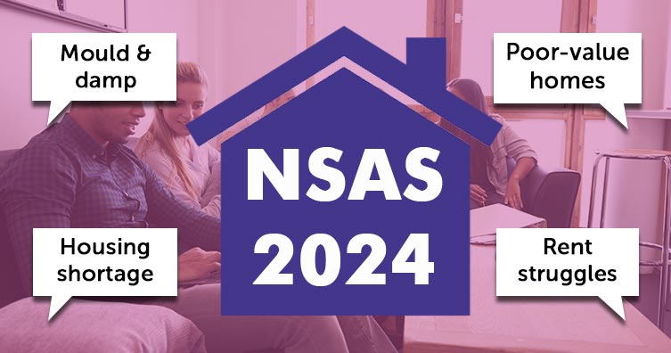 NSAS 2024 with text 'mould & damp', 'housing shortage', 'poor-value homes' and 'rent struggles'