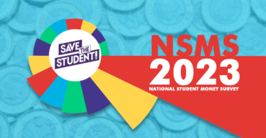 Pound coins and text saying 'NSMS 2023 National Student Money Survey'