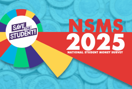the words "NSMS 2025 – National Student Money Survey" written on a graph, over a background image of coins with a blue filter