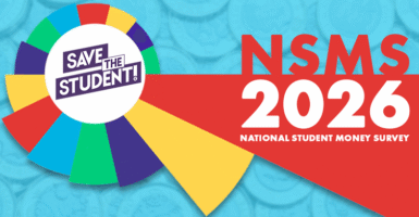 the words "NSMS 2026 – National Student Money Survey" written on a graph, over a background image of coins with a blue filter
