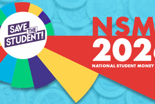 the words "NSMS 2026 – National Student Money Survey" written on a graph, over a background image of coins with a blue filter