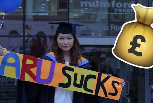 Pok Wong protesting at Anglia Ruskin University graduation