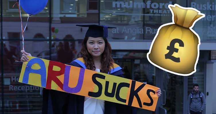 Pok Wong protesting at Anglia Ruskin University graduation