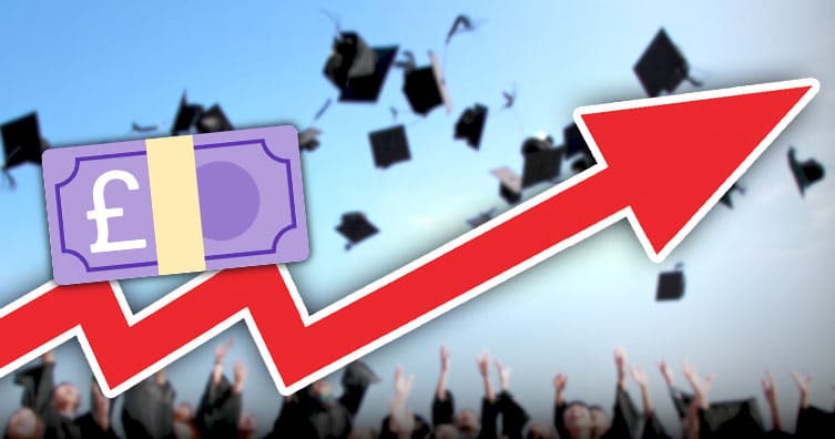 the pound money emoji on a red upwards arrow, over an image of graduates throwing their caps up