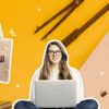 Girl working on laptop with print on demand product and design material background
