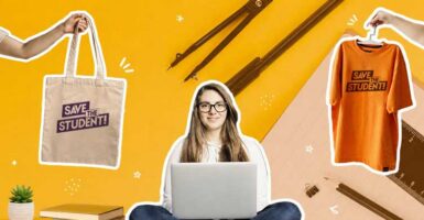 Girl working on laptop with print on demand product and design material background
