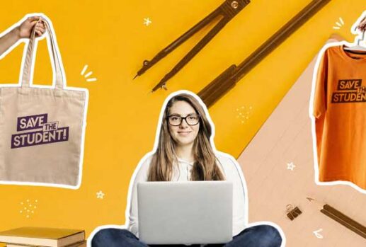 Girl working on laptop with print on demand product and design material background