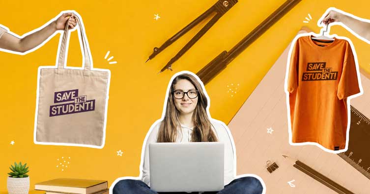 Girl working on laptop with print on demand product and design material background