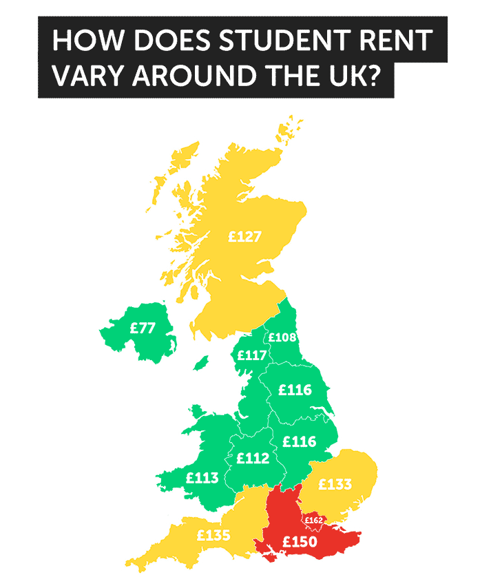 map showing average student rent across the UK