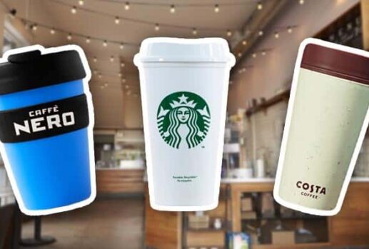 caffe nero, starbucks and costa reusable coffee cups