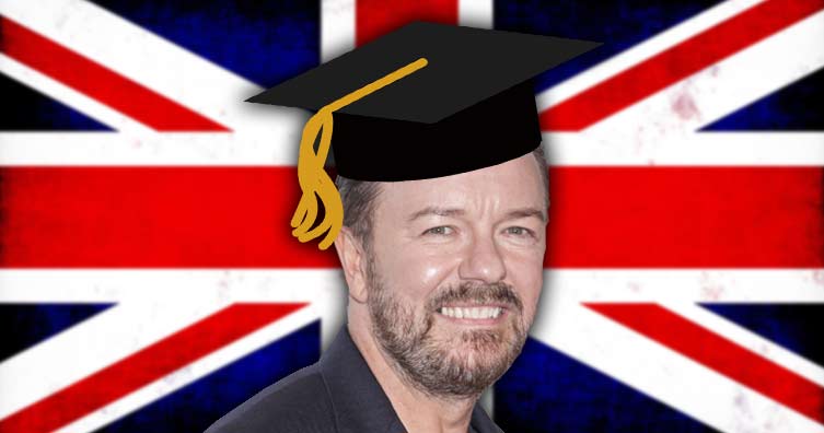 ricky gervais wearing a graduation hat in front of the union jack